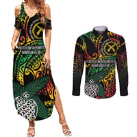 Vanuatu Indipendens Dei Couples Matching Summer Maxi Dress and Long Sleeve Button Shirt Mix Traditional Sand Drawing LT7 Colorful - Polynesian Pride