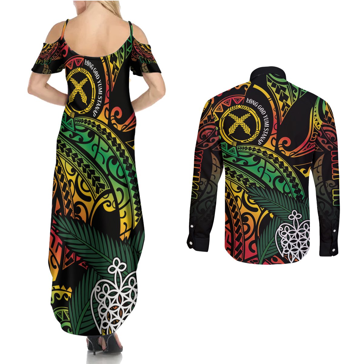 Vanuatu Indipendens Dei Couples Matching Summer Maxi Dress and Long Sleeve Button Shirt Mix Traditional Sand Drawing LT7 - Polynesian Pride