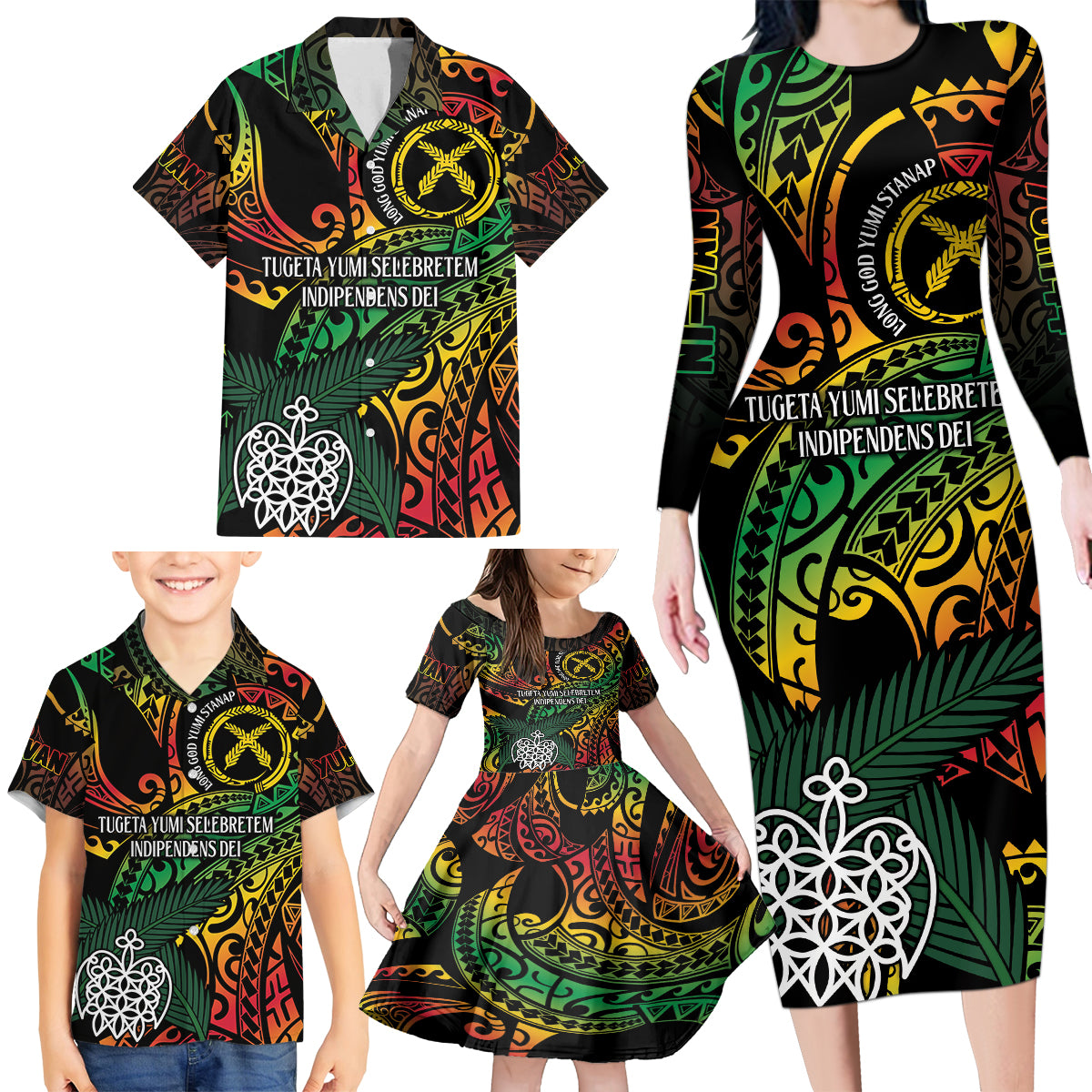 Vanuatu Indipendens Dei Family Matching Long Sleeve Bodycon Dress and Hawaiian Shirt Mix Traditional Sand Drawing