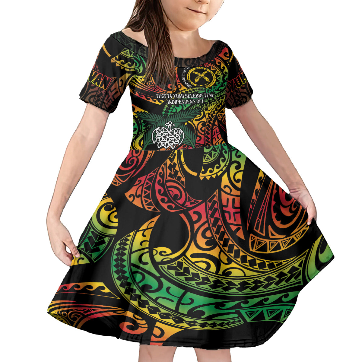 Vanuatu Indipendens Dei Family Matching Off The Shoulder Long Sleeve Dress and Hawaiian Shirt Mix Traditional Sand Drawing LT7 Daughter's Dress Colorful - Polynesian Pride