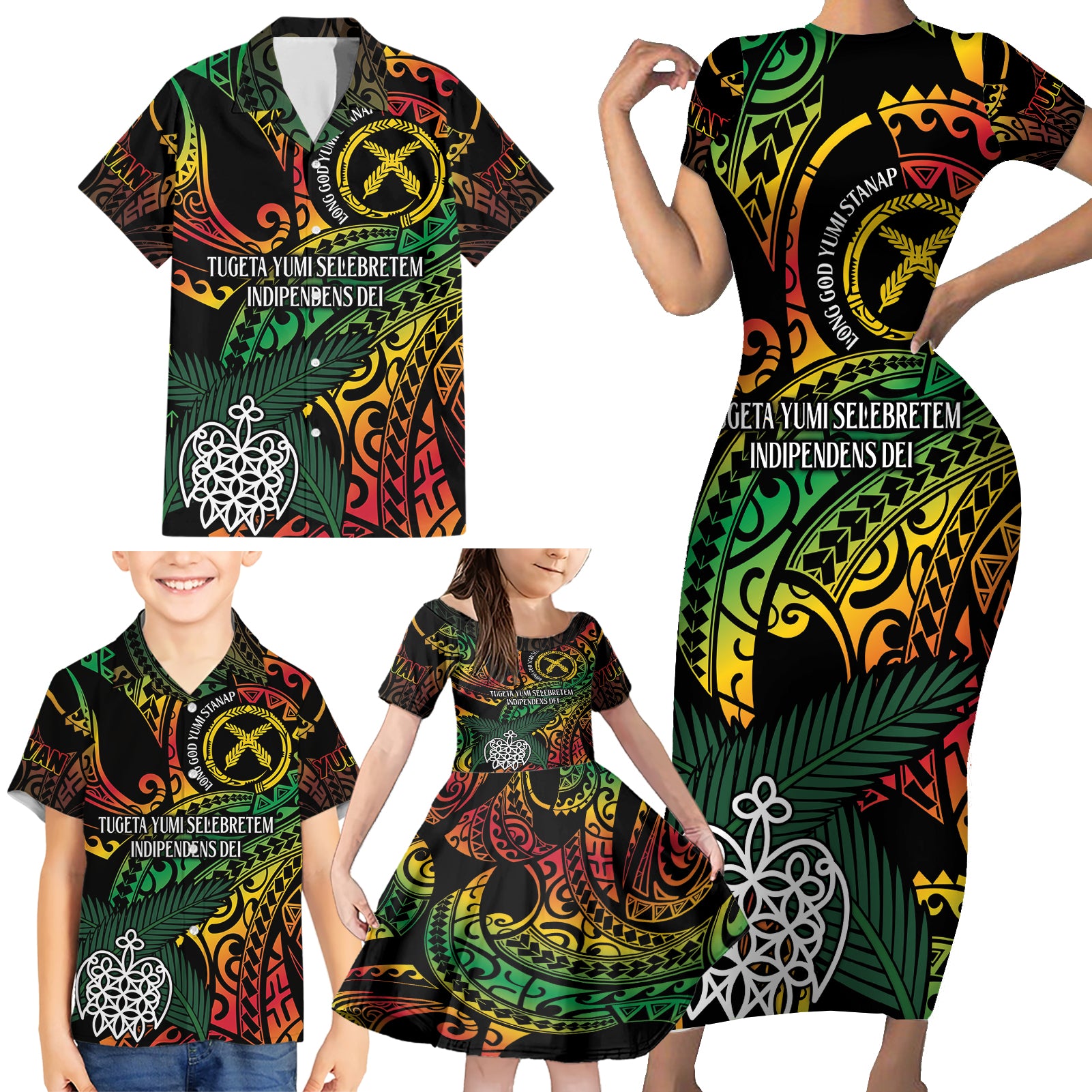 Vanuatu Indipendens Dei Family Matching Short Sleeve Bodycon Dress and Hawaiian Shirt Mix Traditional Sand Drawing