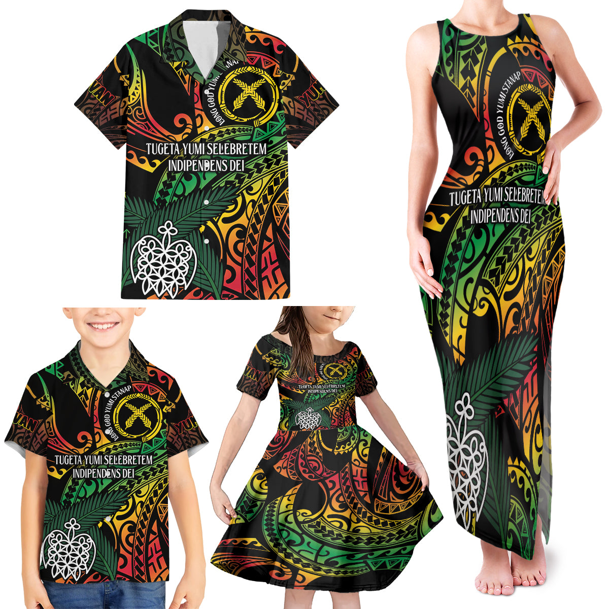 Vanuatu Indipendens Dei Family Matching Tank Maxi Dress and Hawaiian Shirt Mix Traditional Sand Drawing