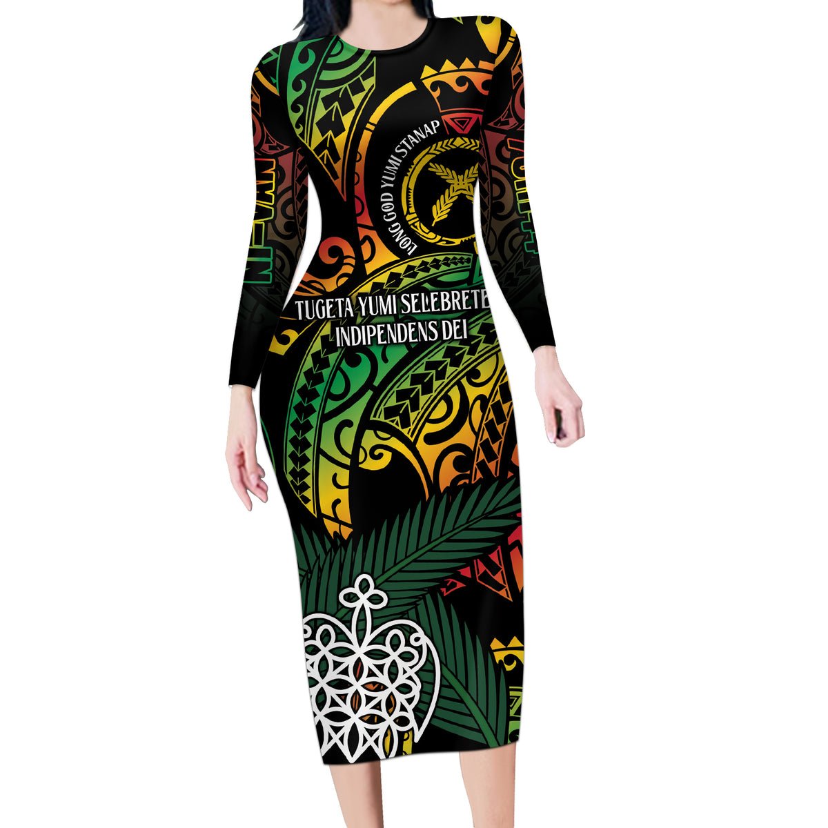 Vanuatu Indipendens Dei Long Sleeve Bodycon Dress Mix Traditional Sand Drawing