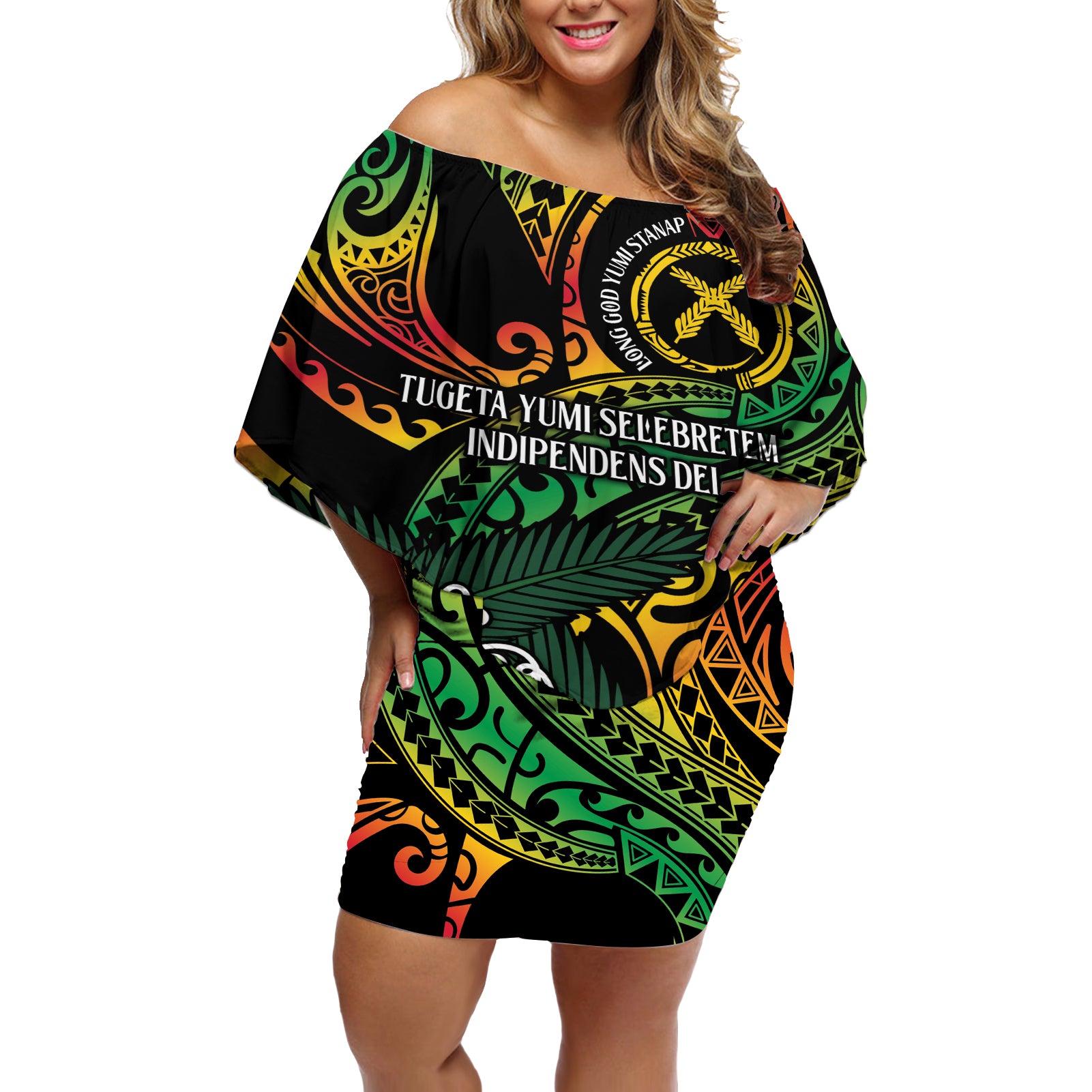 Vanuatu Indipendens Dei Off Shoulder Short Dress Mix Traditional Sand Drawing