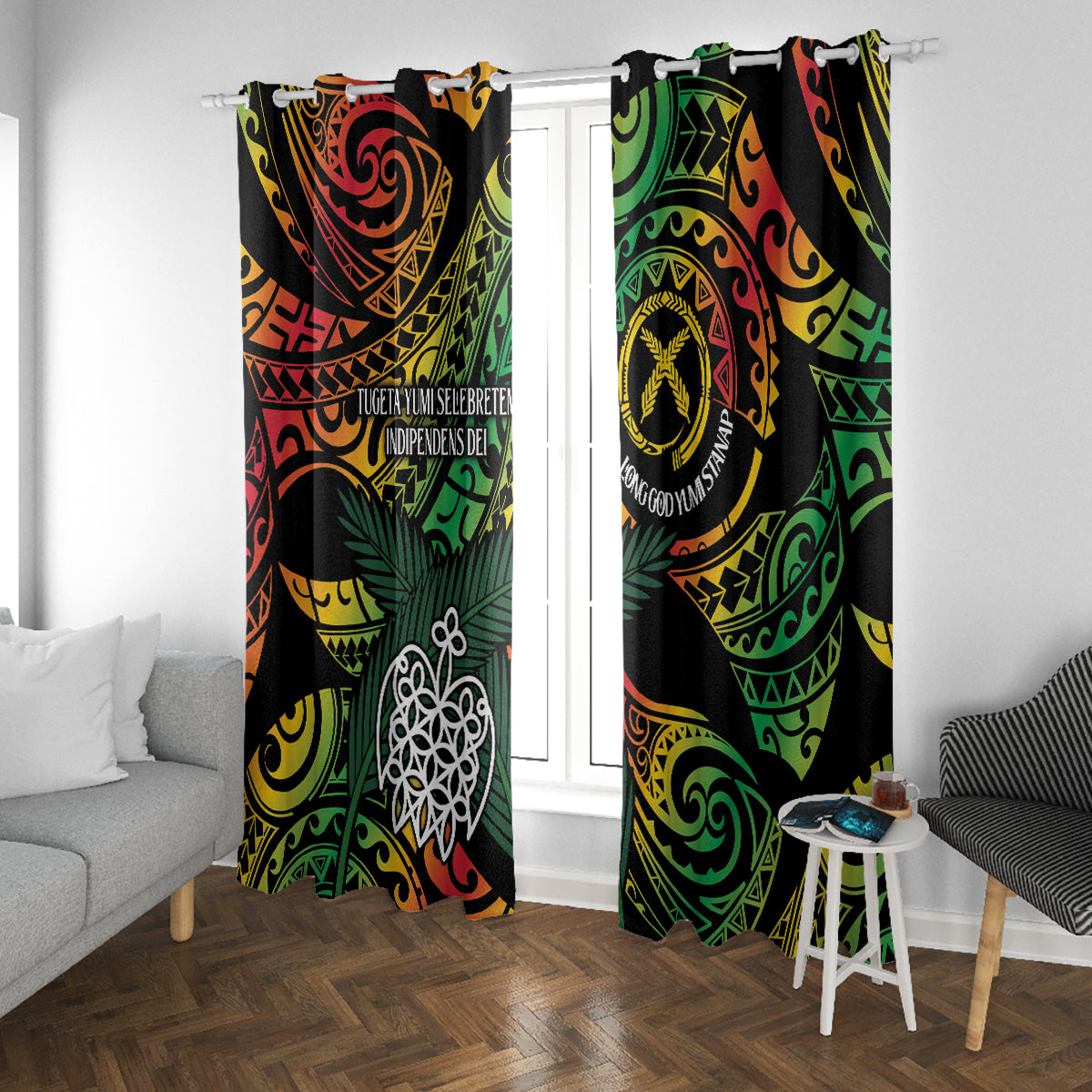 Vanuatu Indipendens Dei Window Curtain Mix Traditional Sand Drawing LT7 With Grommets Colorful - Polynesian Pride