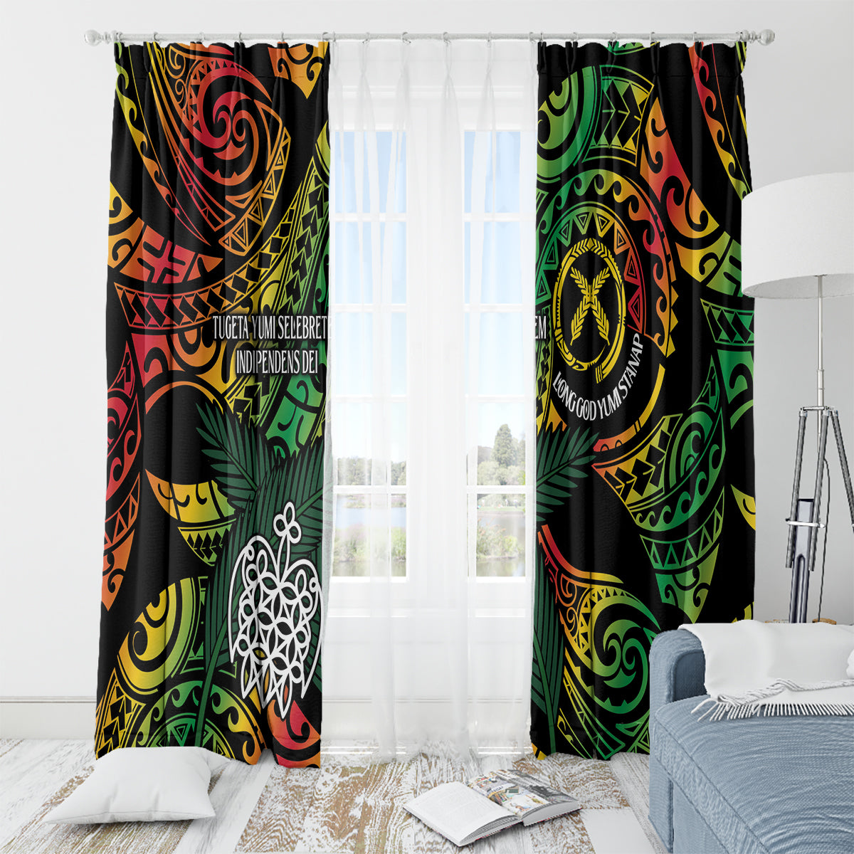Vanuatu Indipendens Dei Window Curtain Mix Traditional Sand Drawing LT7 - Polynesian Pride