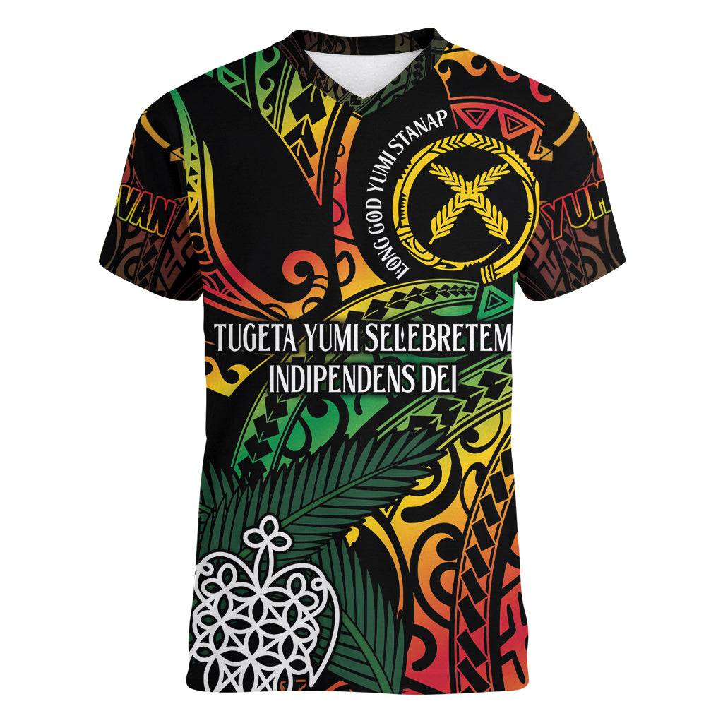 Vanuatu Indipendens Dei Women V-Neck T-Shirt Mix Traditional Sand Drawing