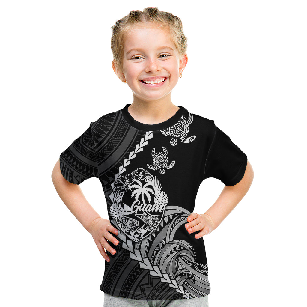 Personalised Guam Kid T Shirt Tribal Turtles Curves Style - Black LT7 Black - Polynesian Pride