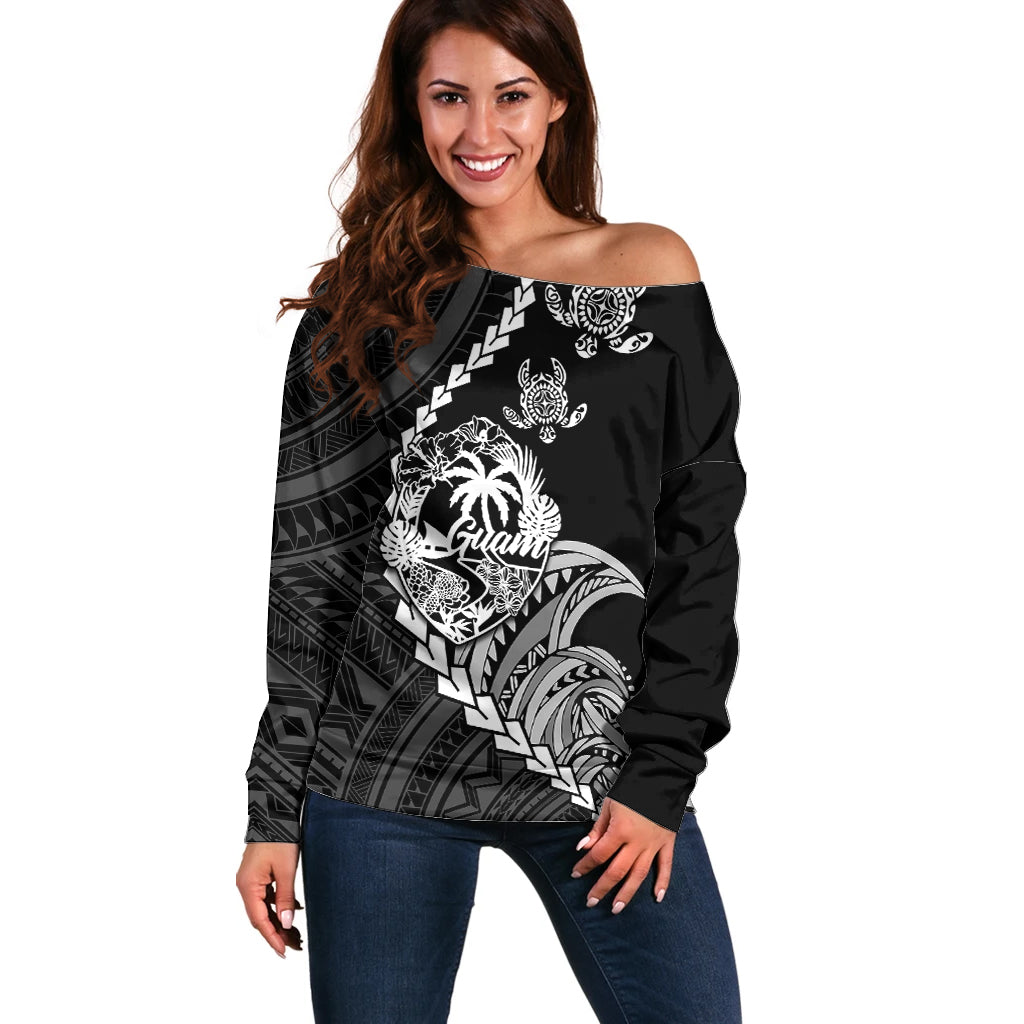 Personalised Guam Off Shoulder Sweater Tribal Turtles Curves Style - Black LT7 Women Black - Polynesian Pride