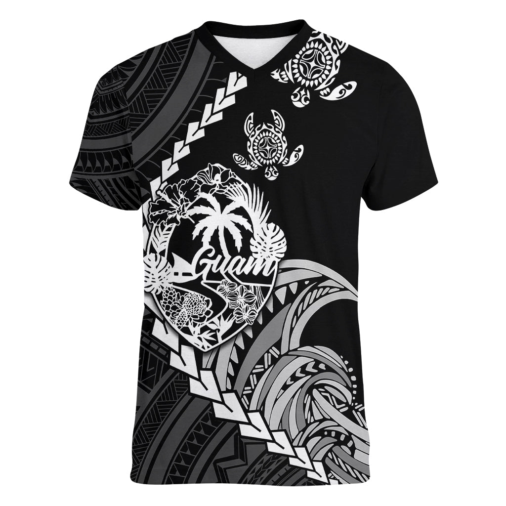 Personalised Guam Women V Neck T Shirt Tribal Turtles Curves Style - Black LT7 Female Black - Polynesian Pride