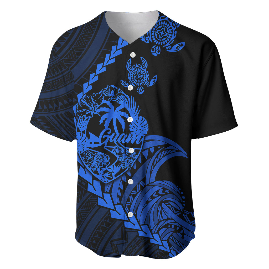 Personalised Guam Baseball Jersey Tribal Turtles Curves Style - Blue LT7 Blue - Polynesian Pride