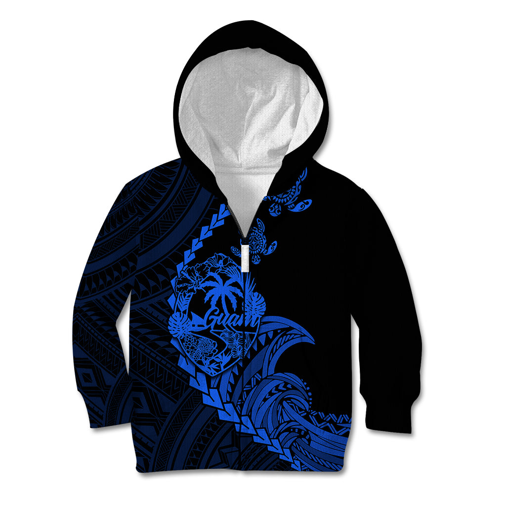 Personalised Guam Kid Hoodie Tribal Turtles Curves Style - Blue LT7 Zip Hoodie Blue - Polynesian Pride