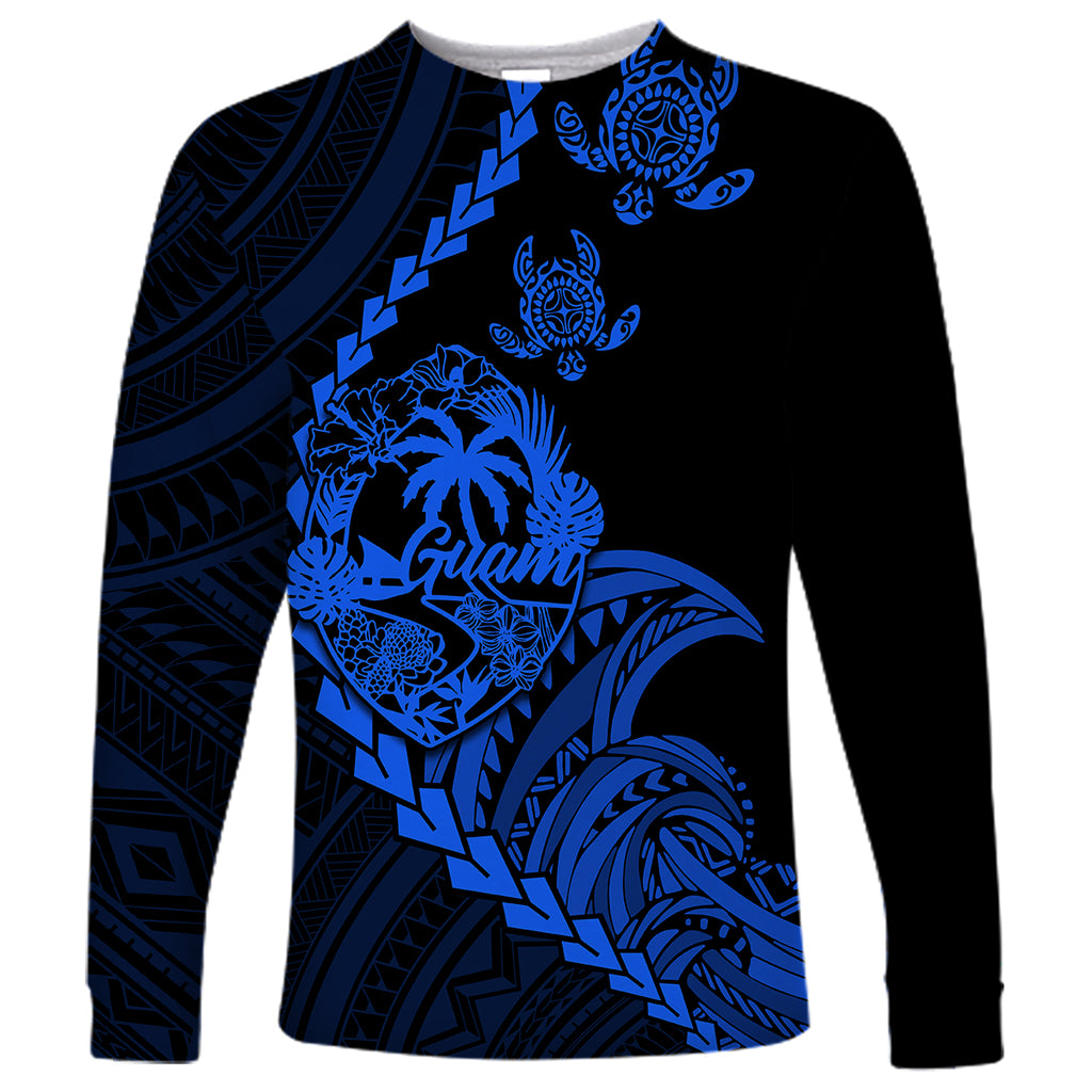 Personalised Guam Long Sleeve Shirt Tribal Turtles Curves Style - Blue LT7 Unisex Blue - Polynesian Pride