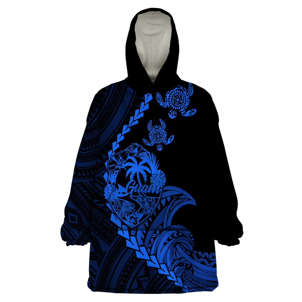 Personalised Guam Wearable Blanket Hoodie Tribal Turtles Curves Style - Blue LT7 One Size Blue - Polynesian Pride