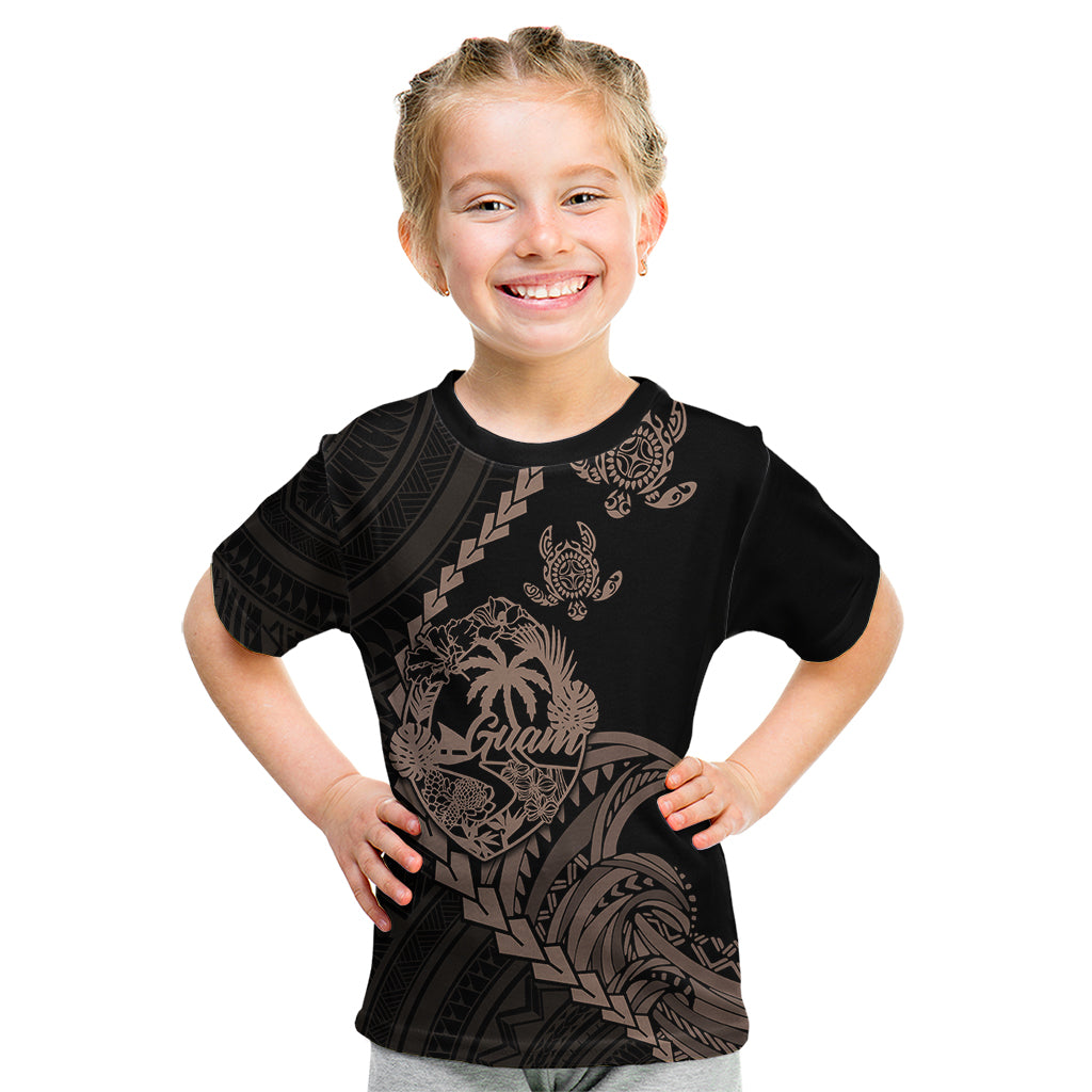 Personalised Guam Kid T Shirt Tribal Turtles Curves Style - Brown LT7 Brown - Polynesian Pride