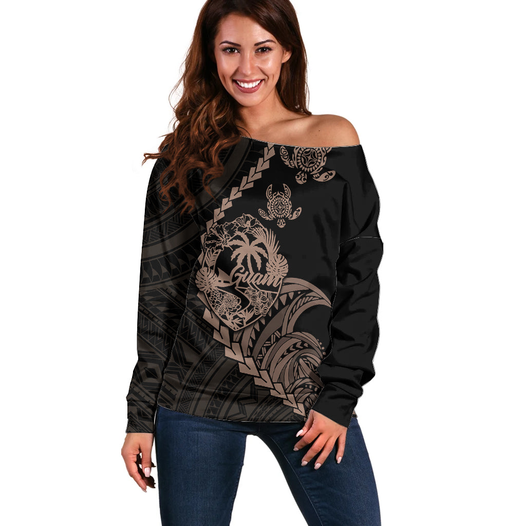 Personalised Guam Off Shoulder Sweater Tribal Turtles Curves Style - Brown LT7 Women Brown - Polynesian Pride