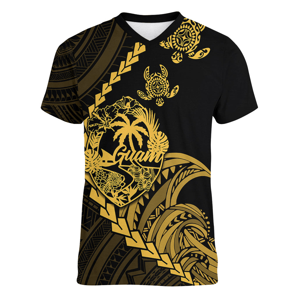 Personalised Guam Women V Neck T Shirt Tribal Turtles Curves Style - Gold LT7 Female Gold - Polynesian Pride