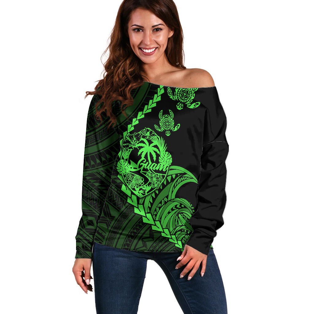 Personalised Guam Off Shoulder Sweater Tribal Turtles Curves Style - Green LT7 Women Green - Polynesian Pride