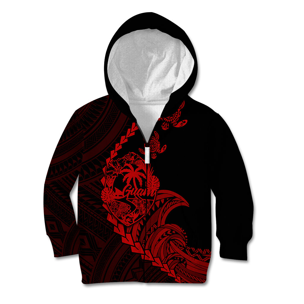 Personalised Guam Kid Hoodie Tribal Turtles Curves Style - Red LT7 Zip Hoodie Red - Polynesian Pride