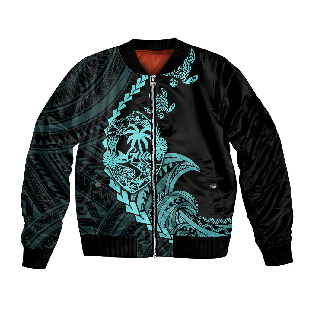 Personalised Guam Bomber Jacket Tribal Turtles Curves Style - Turquoise LT7 Unisex Turquoise - Polynesian Pride