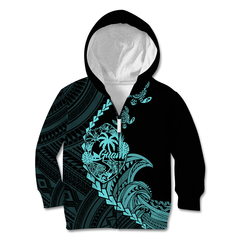 Personalised Guam Kid Hoodie Tribal Turtles Curves Style - Turquoise LT7 Zip Hoodie Turquoise - Polynesian Pride