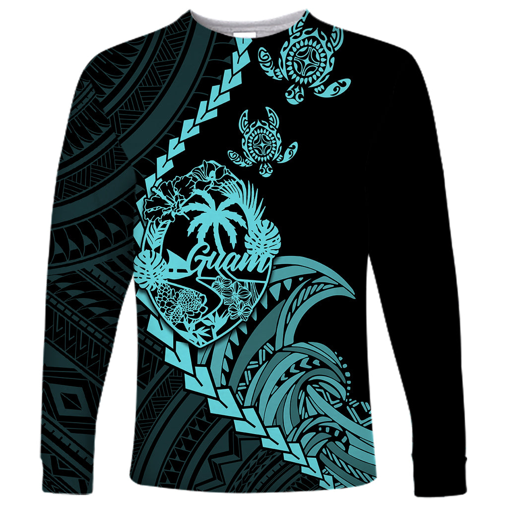 Personalised Guam Long Sleeve Shirt Tribal Turtles Curves Style - Turquoise LT7 Unisex Turquoise - Polynesian Pride