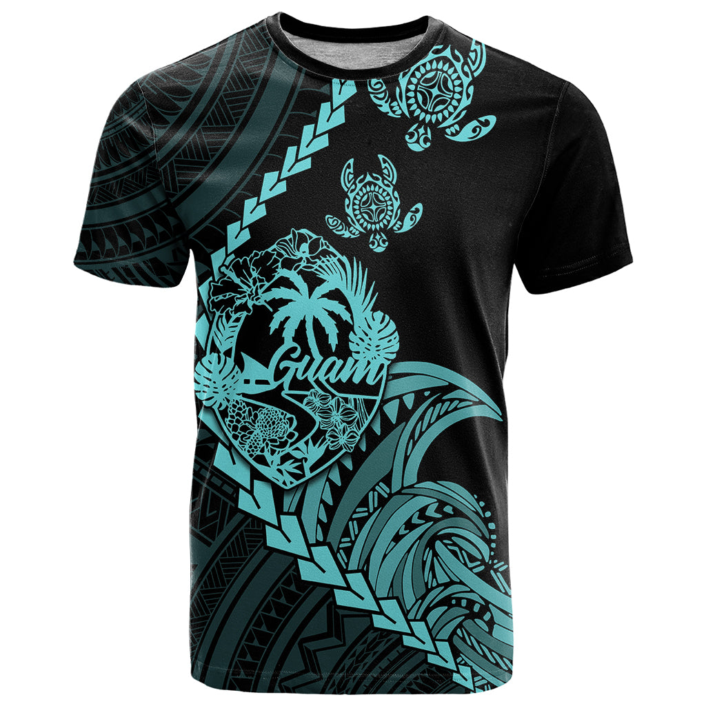 Custom Guam T Shirt Tribal Turtles Curves Style Turquoise LT7 Turquoise - Polynesian Pride