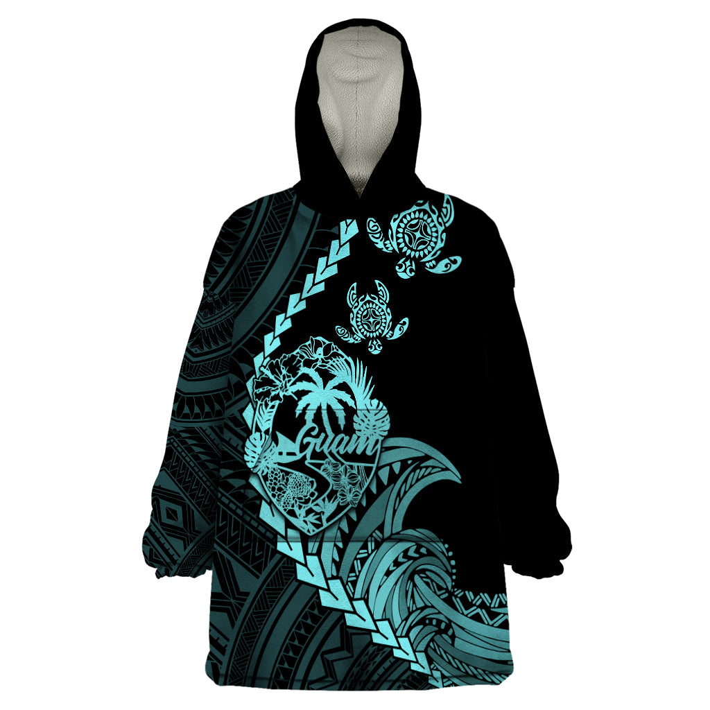 Personalised Guam Wearable Blanket Hoodie Tribal Turtles Curves Style - Turquoise LT7 One Size Turquoise - Polynesian Pride