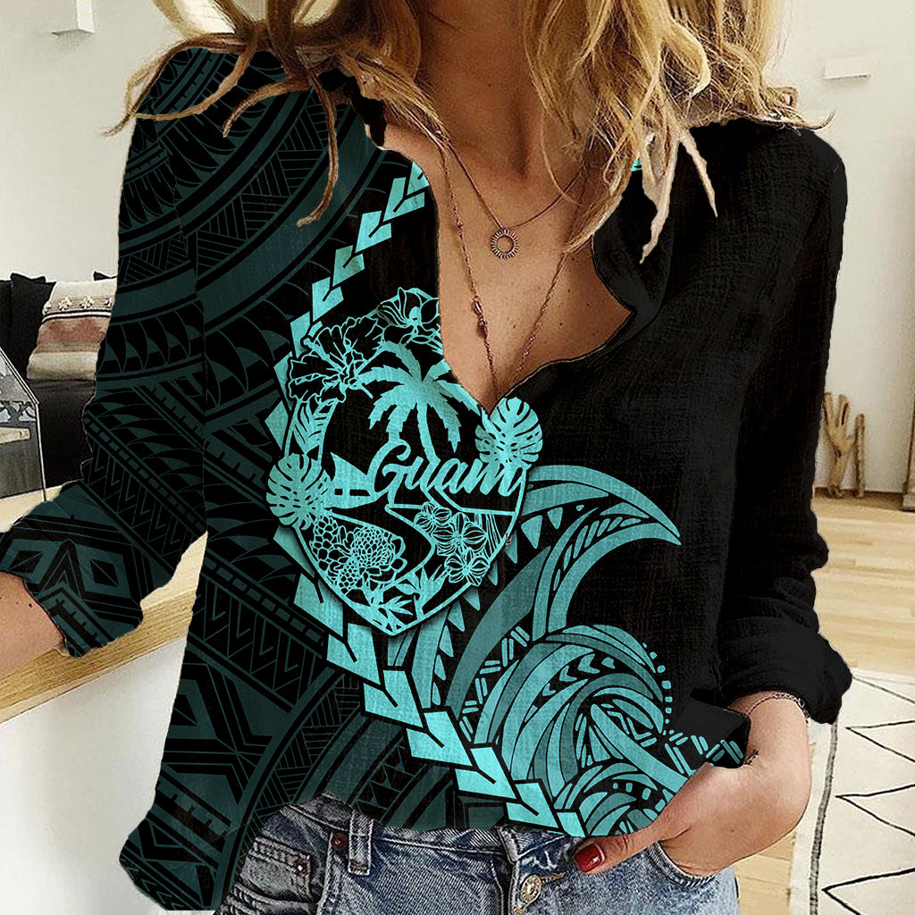 Personalised Guam Women Casual Shirt Tribal Turtles Curves Style - Turquoise LT7 Female Turquoise - Polynesian Pride