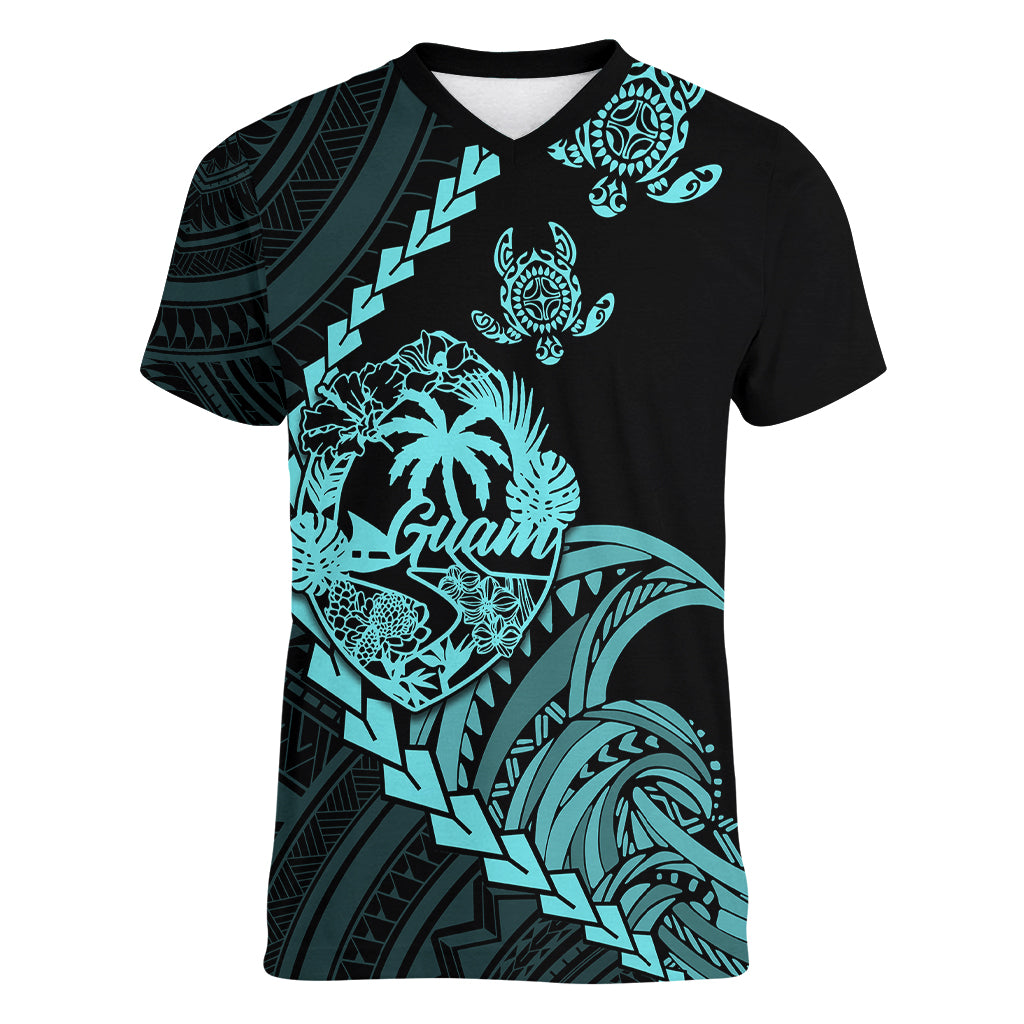 Personalised Guam Women V Neck T Shirt Tribal Turtles Curves Style - Turquoise LT7 Female Turquoise - Polynesian Pride