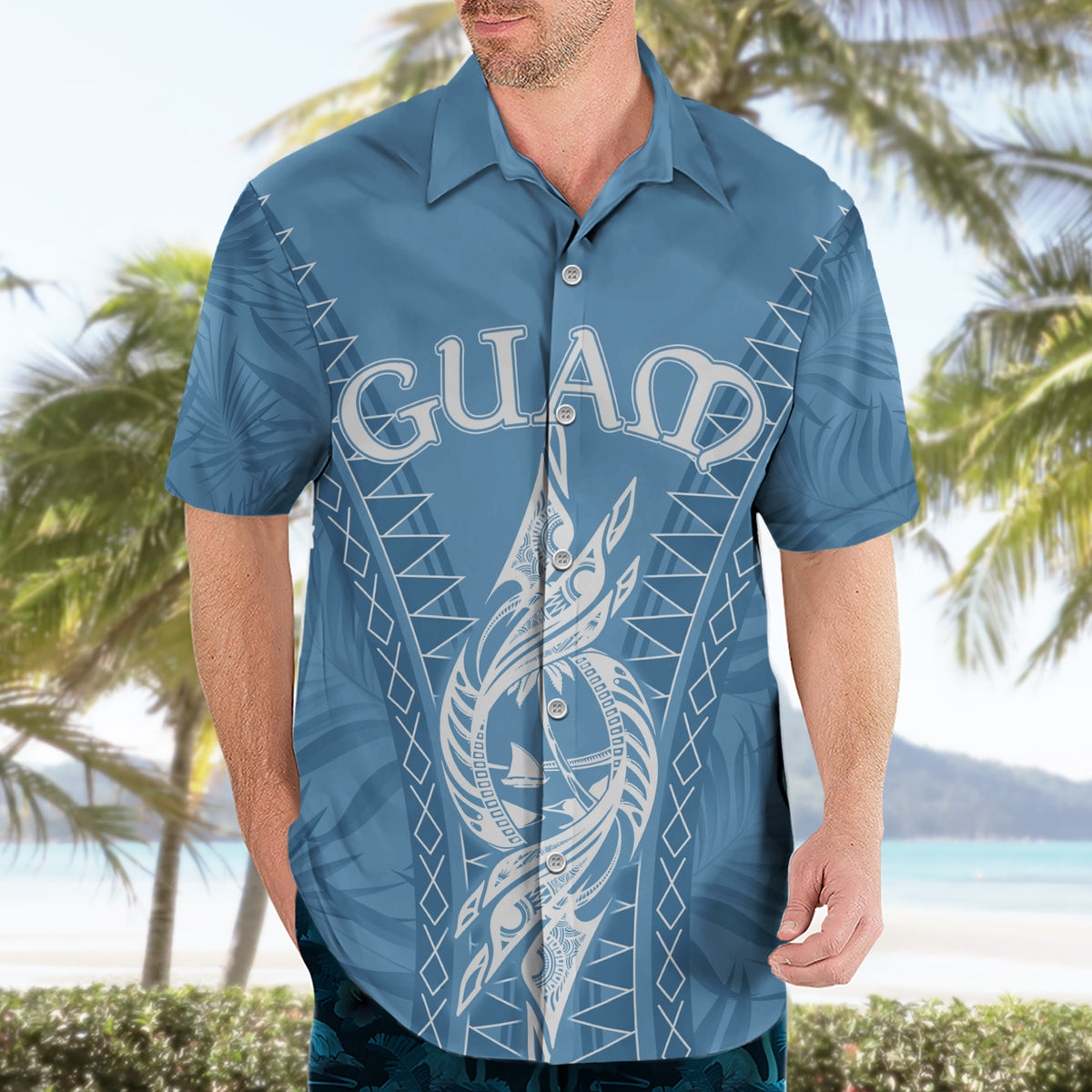 Personalised Guam Hawaiian Shirt Chamoro Latte Stone Mix Tropical - Blue LT7 - Polynesian Pride