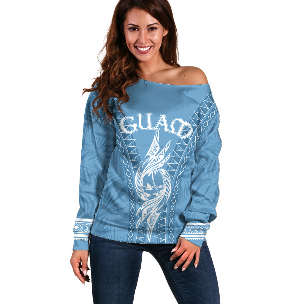 Personalised Guam Off Shoulder Sweater Chamoro Latte Stone Mix Tropical - Blue LT7 Women Blue - Polynesian Pride