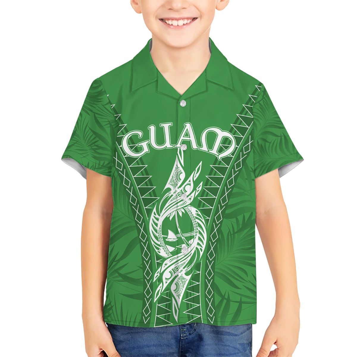 Personalised Guam Hawaiian Shirt Chamoro Latte Stone Mix Tropical - Green LT7 - Polynesian Pride