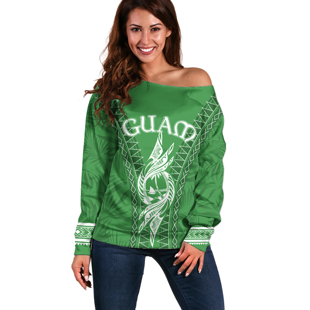 Personalised Guam Off Shoulder Sweater Chamoro Latte Stone Mix Tropical - Green LT7 Women Green - Polynesian Pride