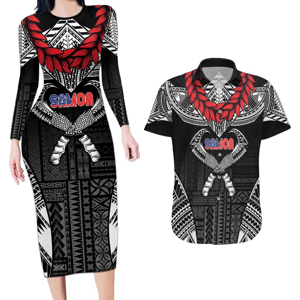 Personalized Talofa Samoa Couples Matching Long Sleeve Bodycon Dress and Hawaiian Shirt Ulafala With Toa Nifo'oti - Black LT7 Black - Polynesian Pride
