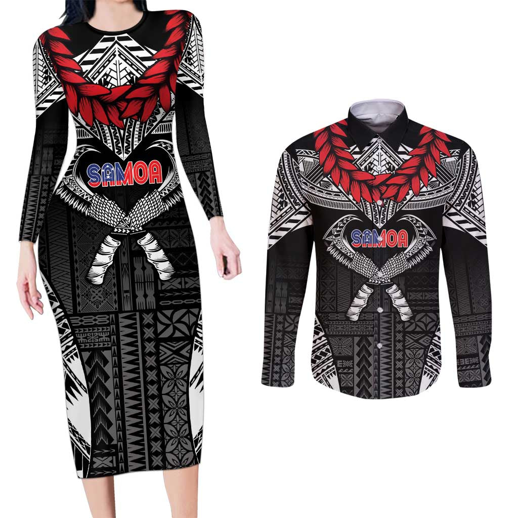 Personalized Talofa Samoa Couples Matching Long Sleeve Bodycon Dress and Long Sleeve Button Shirt Ulafala With Toa Nifo'oti - Black LT7 Black - Polynesian Pride