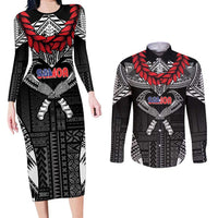 Personalized Talofa Samoa Couples Matching Long Sleeve Bodycon Dress and Long Sleeve Button Shirt Ulafala With Toa Nifo'oti - Black LT7 Black - Polynesian Pride