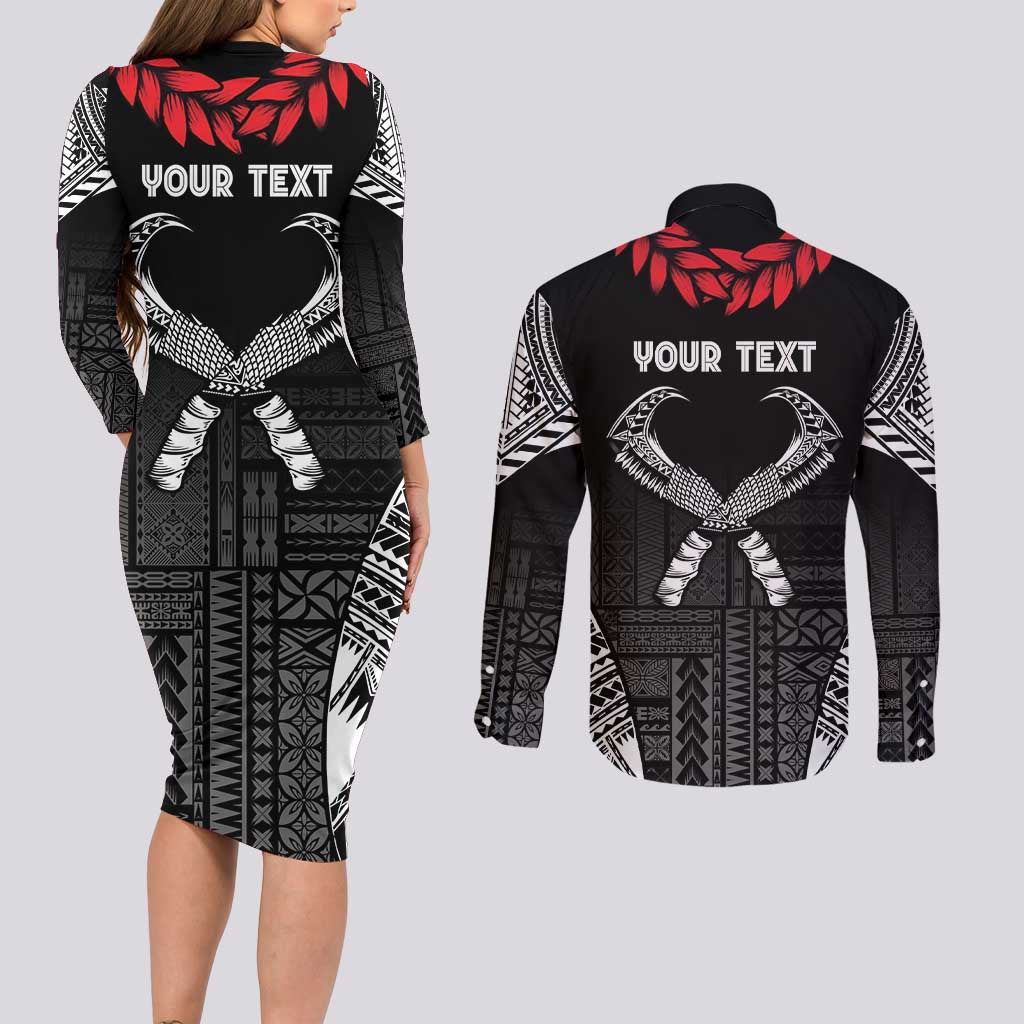 Personalized Talofa Samoa Couples Matching Long Sleeve Bodycon Dress and Long Sleeve Button Shirt Ulafala With Toa Nifo'oti - Black LT7 - Polynesian Pride