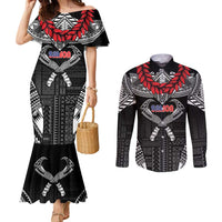 Personalized Talofa Samoa Couples Matching Mermaid Dress and Long Sleeve Button Shirt Ulafala With Toa Nifo'oti - Black LT7 Black - Polynesian Pride