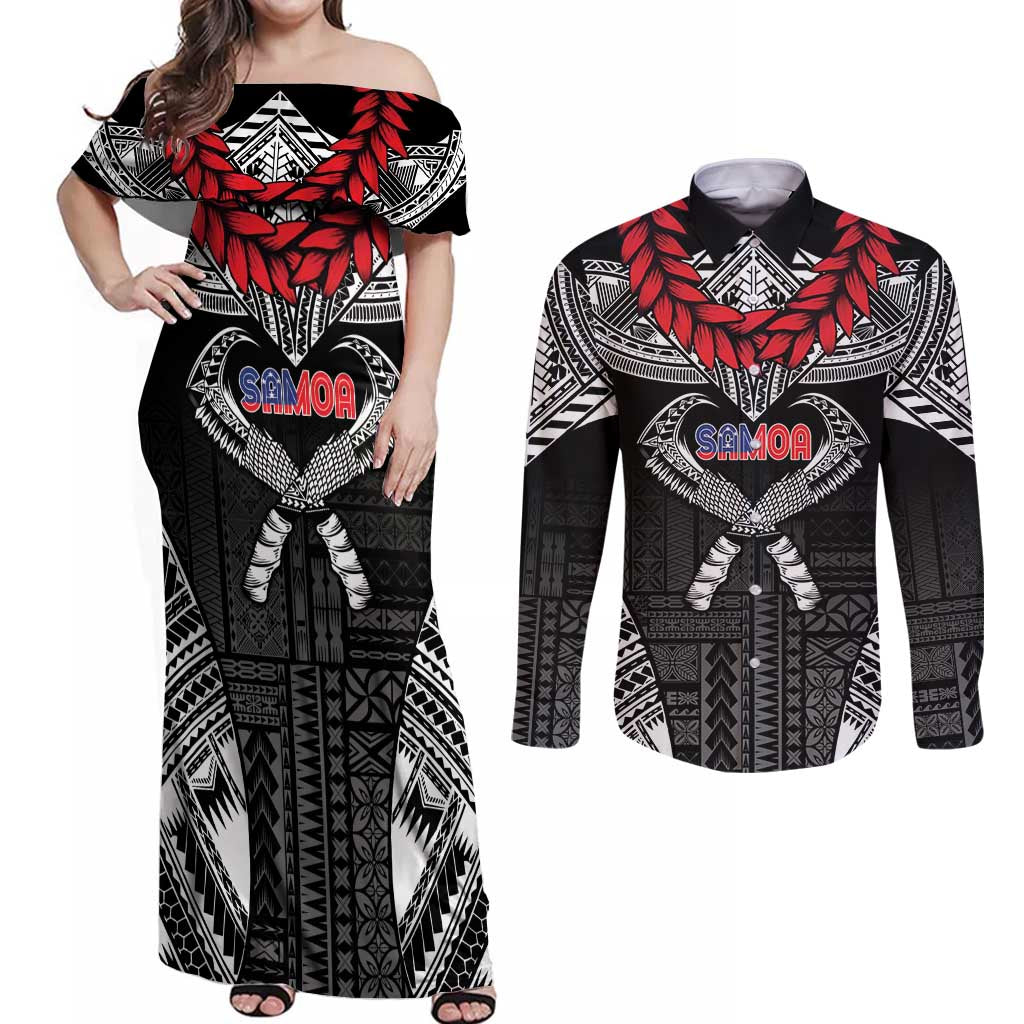 Personalized Talofa Samoa Couples Matching Off Shoulder Maxi Dress and Long Sleeve Button Shirt Ulafala With Toa Nifo'oti - Black LT7 Black - Polynesian Pride