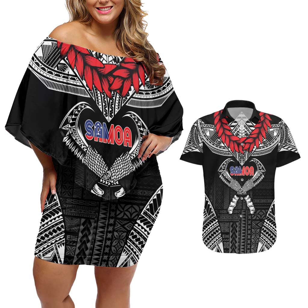 Personalized Talofa Samoa Couples Matching Off Shoulder Short Dress and Hawaiian Shirt Ulafala With Toa Nifo'oti - Black LT7 Black - Polynesian Pride