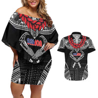 Personalized Talofa Samoa Couples Matching Off Shoulder Short Dress and Hawaiian Shirt Ulafala With Toa Nifo'oti - Black LT7 Black - Polynesian Pride