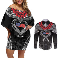 Personalized Talofa Samoa Couples Matching Off Shoulder Short Dress and Long Sleeve Button Shirt Ulafala With Toa Nifo'oti - Black LT7 Black - Polynesian Pride