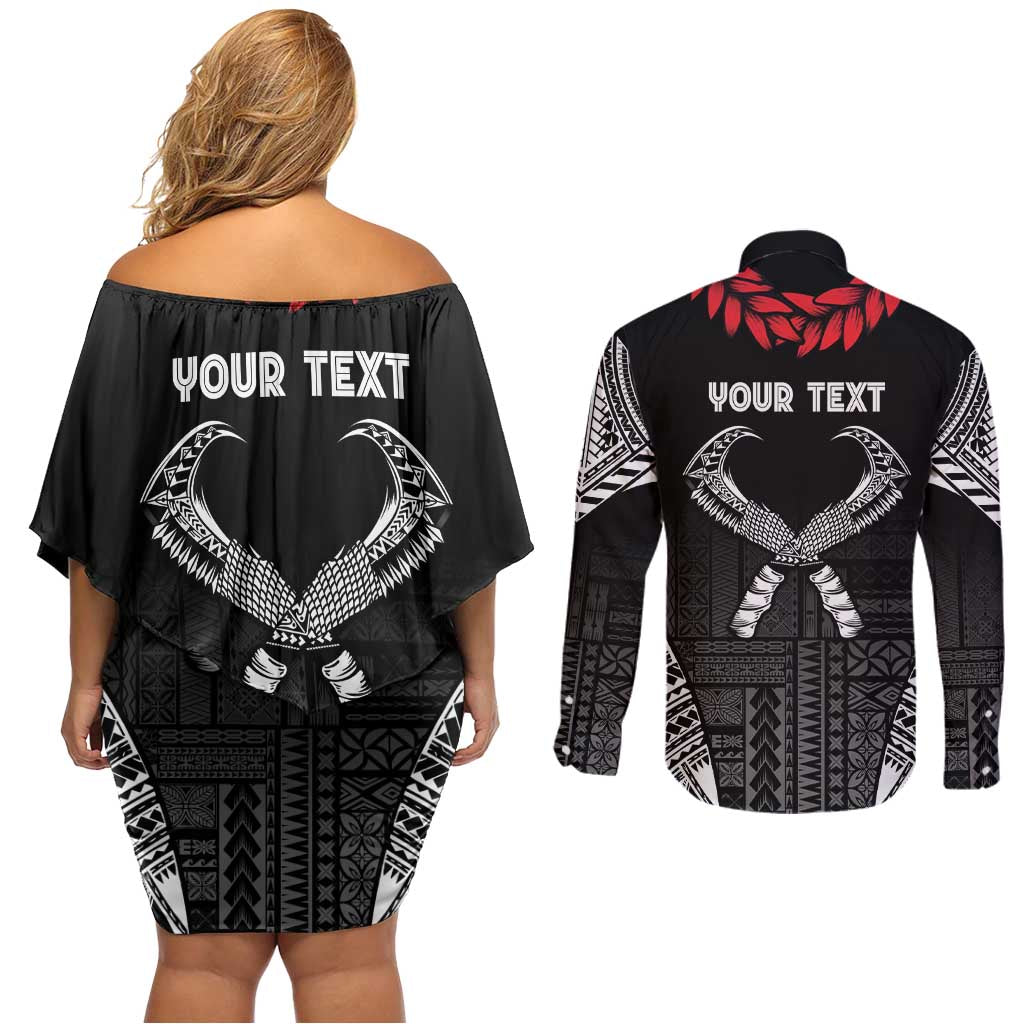 Personalized Talofa Samoa Couples Matching Off Shoulder Short Dress and Long Sleeve Button Shirt Ulafala With Toa Nifo'oti - Black LT7 - Polynesian Pride