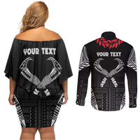 Personalized Talofa Samoa Couples Matching Off Shoulder Short Dress and Long Sleeve Button Shirt Ulafala With Toa Nifo'oti - Black LT7 - Polynesian Pride