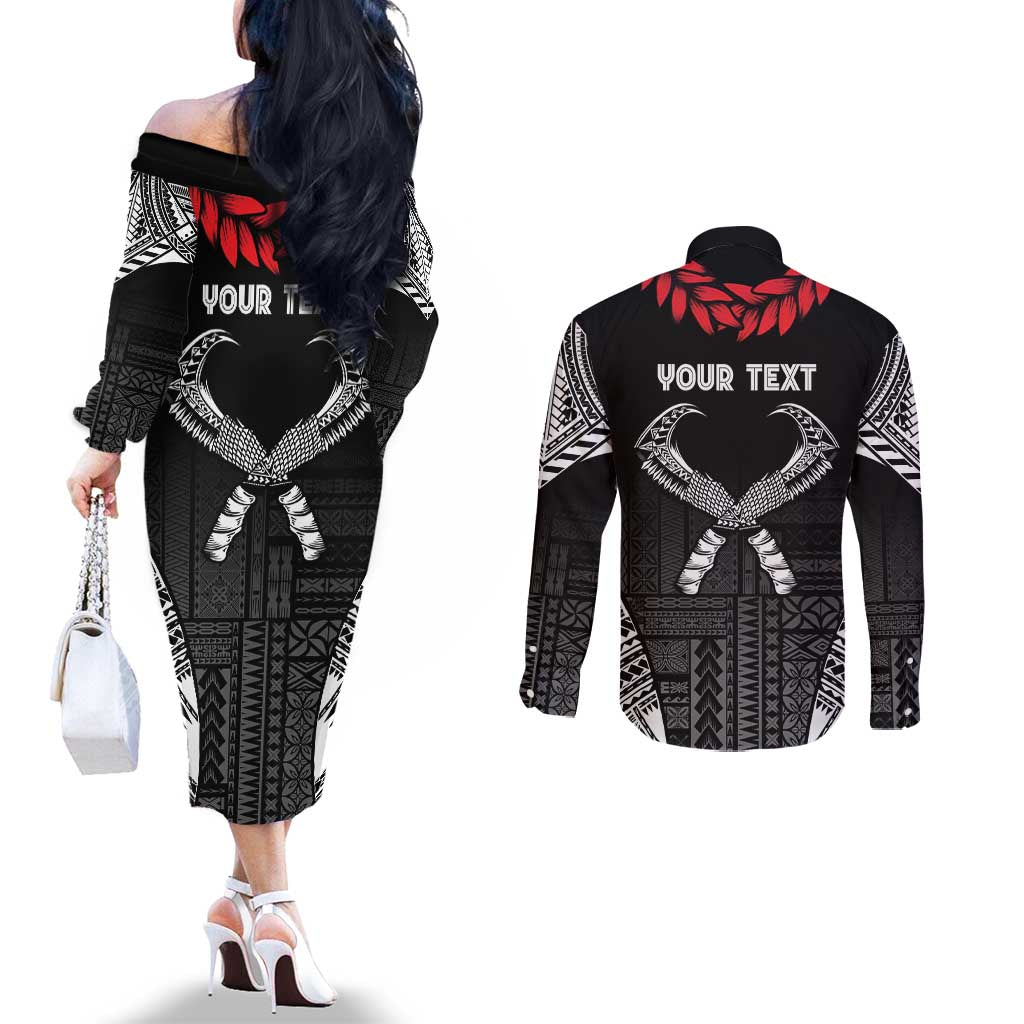 Personalized Talofa Samoa Couples Matching Off The Shoulder Long Sleeve Dress and Long Sleeve Button Shirt Ulafala With Toa Nifo'oti - Black LT7 - Polynesian Pride