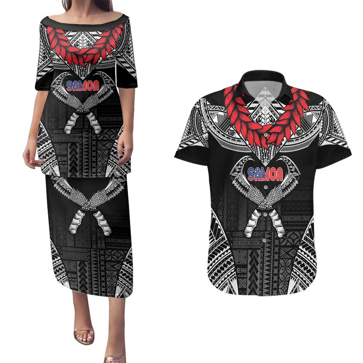 Personalized Talofa Samoa Couples Matching Puletasi and Hawaiian Shirt Ulafala With Toa Nifo'oti - Black LT7 Black - Polynesian Pride