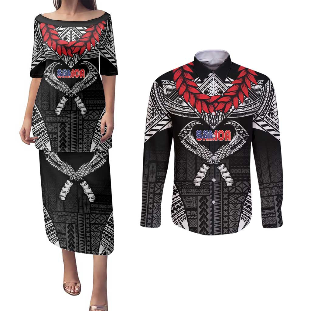 Personalized Talofa Samoa Couples Matching Puletasi and Long Sleeve Button Shirt Ulafala With Toa Nifo'oti - Black LT7 Black - Polynesian Pride
