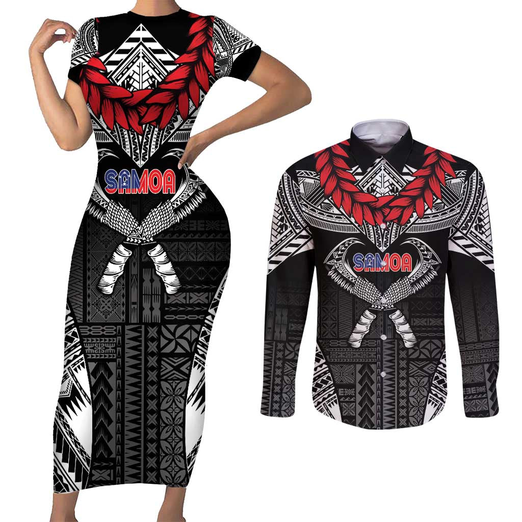 Personalized Talofa Samoa Couples Matching Short Sleeve Bodycon Dress and Long Sleeve Button Shirt Ulafala With Toa Nifo'oti - Black LT7 Black - Polynesian Pride