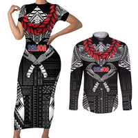 Personalized Talofa Samoa Couples Matching Short Sleeve Bodycon Dress and Long Sleeve Button Shirt Ulafala With Toa Nifo'oti - Black LT7 Black - Polynesian Pride